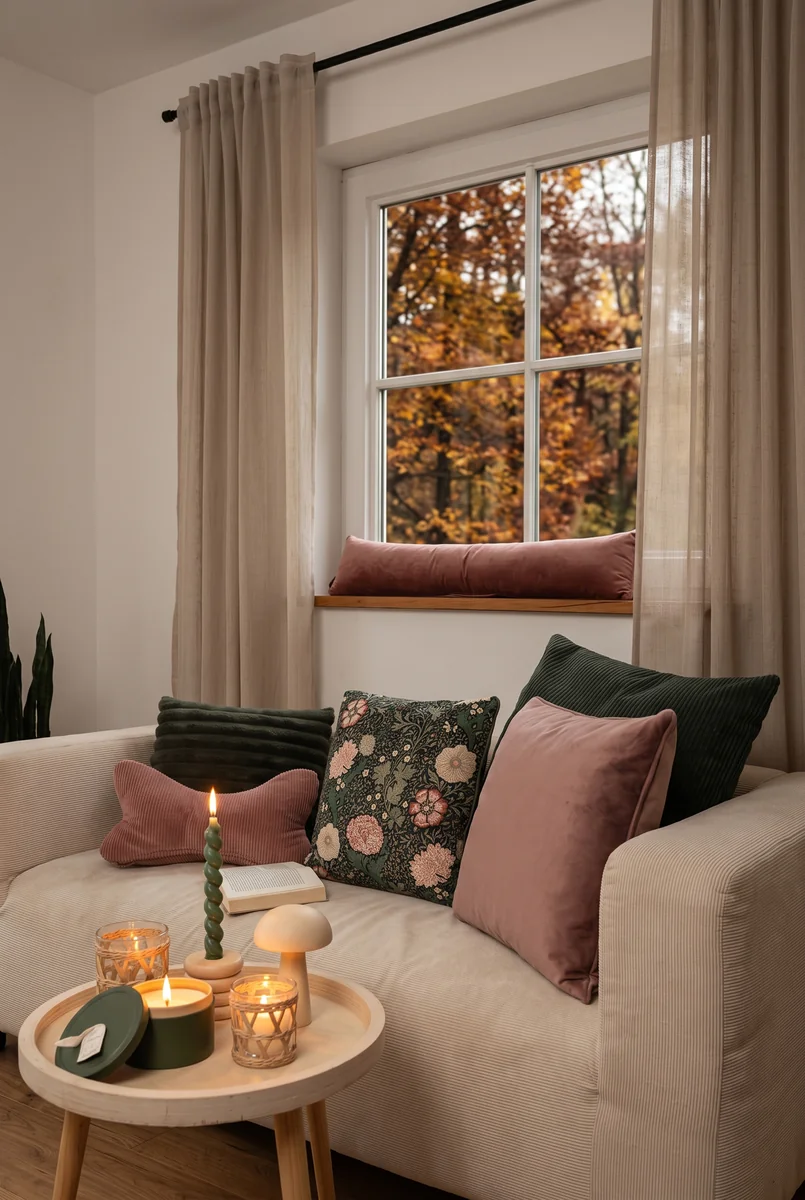 Gemütliches Wohnzimmer im Herbst: Vorhänge am Fenster, Sofa mit Kissen in Tannengrün und Rosé